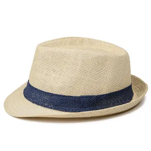 Close-up of breathable straw fedora with navy blue decorative band for sun protection