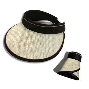 Women's foldable straw sun hat with black UV protection headband and gold trim