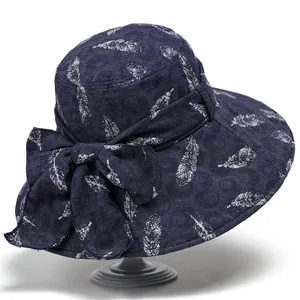 Women's Foldable Wide Brim Sun Hat Cotton Fabric UV Protection Elegant Bow Feather Print Beach Bucket Hat Summer Travel Cap
