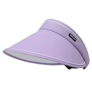 Close-up of light purple wide brim sun hat with UPF50+ fabric and logo tag