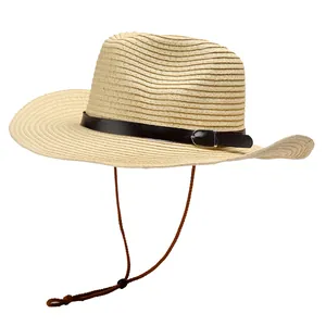 Men's wide brim straw cowboy hat with chin strap for outdoor sun protection and fishing
