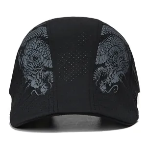 Detail of breathable black mesh quick-dry hat featuring grey dragon patterns