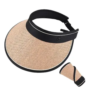 Women's UV protection straw visor hat with metal G detail and foldable roll-up design