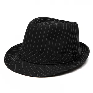 Men Vintage Pinstripe Fedora Hat Cotton Polyester Blend Short Brim Jazz Hat Breathable Sun Protection Gentleman Cap Travel Fashion