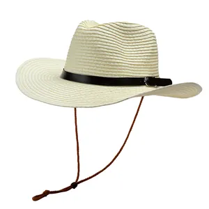 Detail of wide brim straw sun hat with leather band and adjustable chin strap