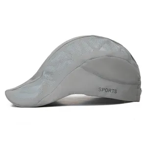 Side view of grey mesh newsboy cap with breathable panels and SPORTS text for summer