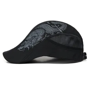 Detail of black quick-dry flat cap featuring mesh side panels and grey dragon embroidery