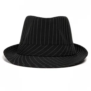 Classic black pinstripe fedora hat with stylish mid-crease crown and matching band
