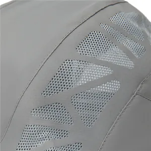 Detail of light gray sun hat featuring breathable large mesh fabric and fine stitching