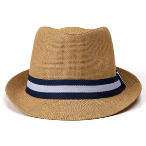 Classic khaki straw hat for men with a blue and white striped band for sun protection