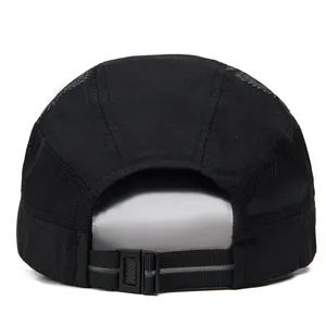 Close-up of black breathable mesh hat with adjustable reflective strap and buckle
