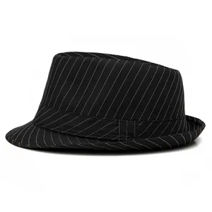 Classic black pinstripe trilby fedora hat for men with retro jazz style and narrow brim