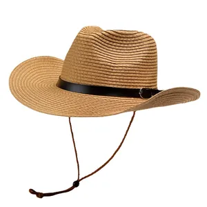 Classic straw cowboy sun hat with wide brim, breathable weave and adjustable chin strap
