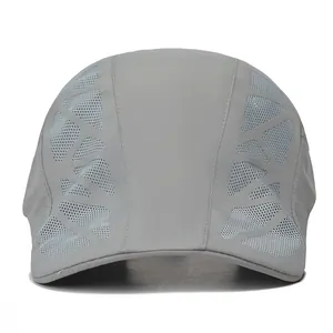 Close-up of light grey sun hat featuring breathable mesh panels for summer cooling