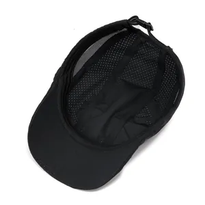 Detail of breathable black 5-panel hat showing mesh lining and adjustable strap