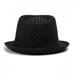 Men's retro black fedora hat with white vertical stripes and stylish short brim