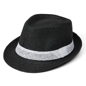 Classic black woven straw fedora for men featuring a white breathable patterned band