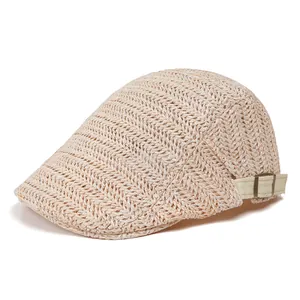 Vintage Woven Newsboy Cap For Men Women Breathable Straw Flat Hat With Adjustable Metal Buckle Casual Sun Protection Beret