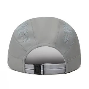 Detail view of the adjustable rear buckle and breathable mesh of the grey sun hat