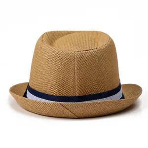 Men's khaki straw fedora hat with blue and white striped band for summer travel