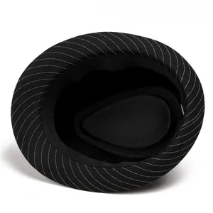 Detailed top view of a black and white pinstripe fedora hat with internal sweatband detail