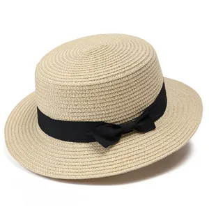 Sombrero de Paja Boater Trenzado Retro para Mujer Niños Con Lazo de Cinta Negra Copa Plana Ala Corta Protección Solar de Verano Playa