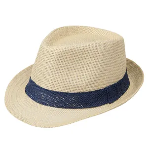 Classic men's summer straw fedora hat in beige woven texture with navy blue band
