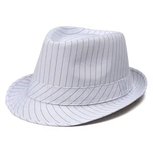 Close-up of white jazz hat with vertical black stripes showing fabric texture