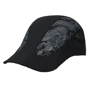 Men's quick-dry ivy cap in black featuring breathable mesh and grey dragon print