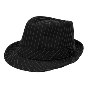 Men's black pinstripe fedora hat with elegant ribbon trim and classic structured crown