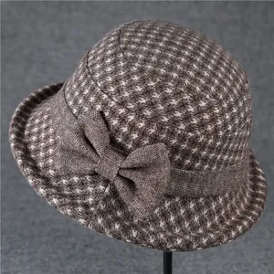 Vintage Houndstooth Woolen Cloche Hat For Women Middle Aged Elderly Thickened Warm Winter Bucket Hat With Bow Decoration