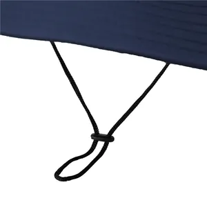 Detail of adjustable windproof chin strap with toggle on blue outdoor sun hat