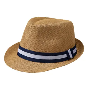 Classic men's straw fedora hat with blue and white striped band for summer travel