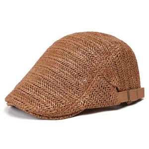 Brown herringbone weave breathable mesh ivy cap with adjustable metal buckle closure
