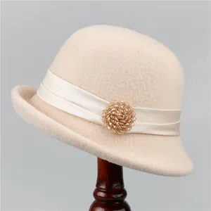 French Vintage Wool Cloche Hat For Women Warm Winter Woolen Bucket Hat With Satin Ribbon Elegant Ladies Fashion Cap