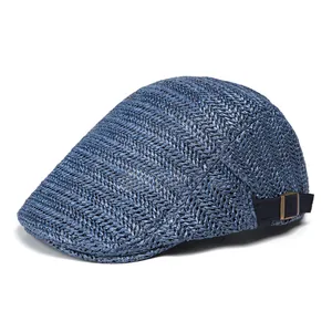 Dark blue breathable woven ivy cap for men with adjustable buckle and mesh texture