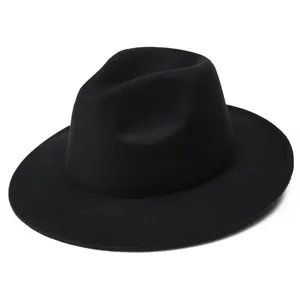 Sombrero fedora clásico de lana negra con ala ancha para hombre y mujer, estilo elegante