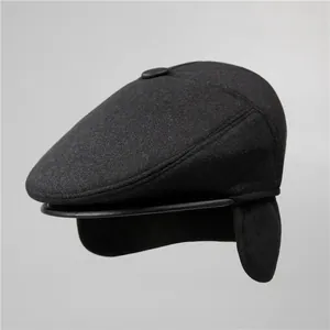 Mens dark grey wool flat cap with warm ear flaps and leather brim for elderly men
