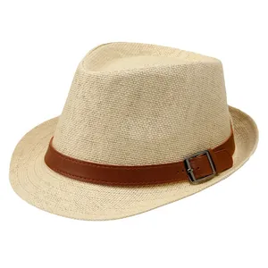 Classic beige straw fedora hat with brown leather band and silver buckle on white background