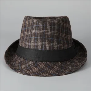 Classic coffee plaid fedora hat with black ribbon for men in autumn and winter