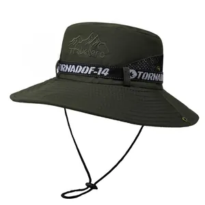 Army green wide brim sun hat for outdoor hiking with breathable mesh and chin strap