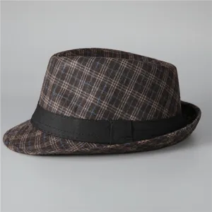 Classic brown plaid fedora hat with black grosgrain ribbon for men's winter fashion