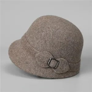 Mocha brown wool cloche hat for elderly women with decorative bow and rhinestone buckle