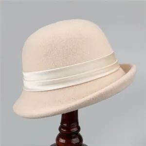 French vintage beige wool felt cloche hat with satin ribbon detail for women in winter