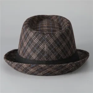 Classic checkered fedora hat in dark brown with elegant black decorative band for men