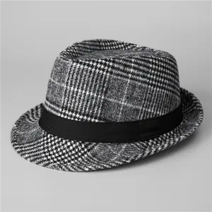 Vintage British Plaid Fedora Hat Men Autumn Winter Warm Woolen Felt Jazz Hat Wide Brim Classic Checked Gentleman Cap