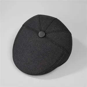 Deep grey wool blend flat cap for elderly men with warm ear protection and fleece lining