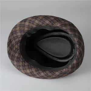 Detail of British vintage plaid jazz hat showing black inner lining and sweatband