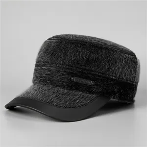 Men Winter Warm Flat Top Cap With Ear Flaps Faux Fur Thick Fleece Windproof Hat For Elderly Grandpa Father Gift
