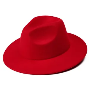 Vista superior de un sombrero fedora de lana roja con ala ancha y copa de lágrima